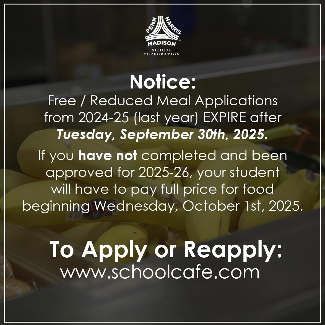 ATTN Parents: All students who participated in the Free and Reduced-Price Meal program during the 2024-2025 school year are granted a 30-day grace period for 2025-26. The last day for benefits is September 30th, 2025 for all who have not submitted a new application and been approved for this school year.
Families who have not applied for and received a new 2025 eligibility letter by October 1, 2025, will no longer be eligible for Free and Reduced Meals.
To ensure uninterrupted benefits, please complete and submit a new application as soon as possible. Applications can be submitted online at schoolcafe.com or you may contact your child's school to send home a paper application.
Please remember that applying for the Free and Reduced program after September 30th won't remove any charges that were on your child's account before your application was submitted and approved.