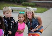 Mrs. Hatch greets Northpoint kindergartners on the 1st Day of Kindergarten